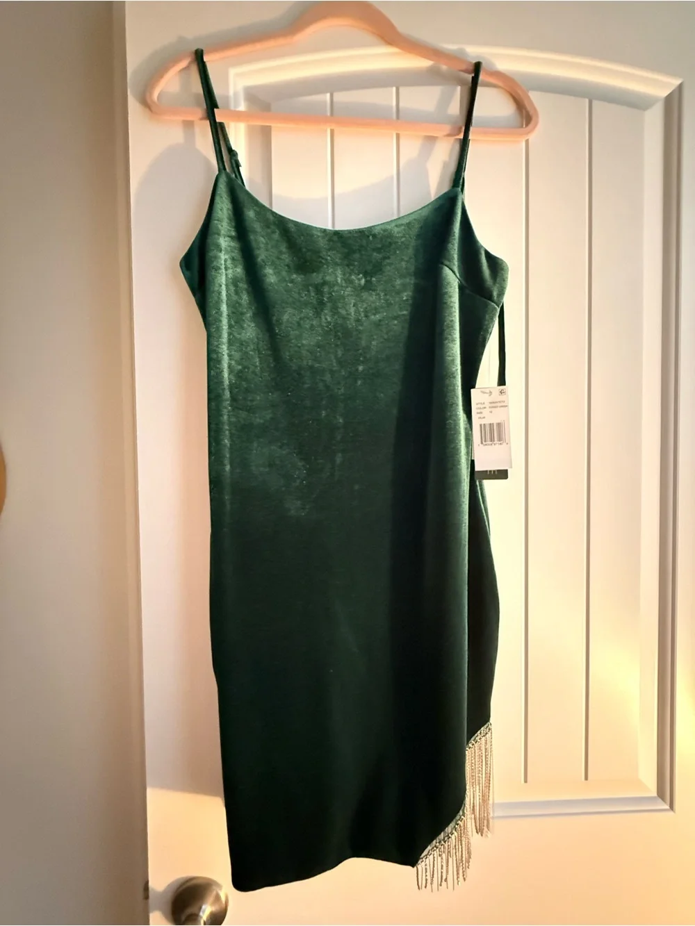 Emerald Green Velvet Slip Dress with Fringe